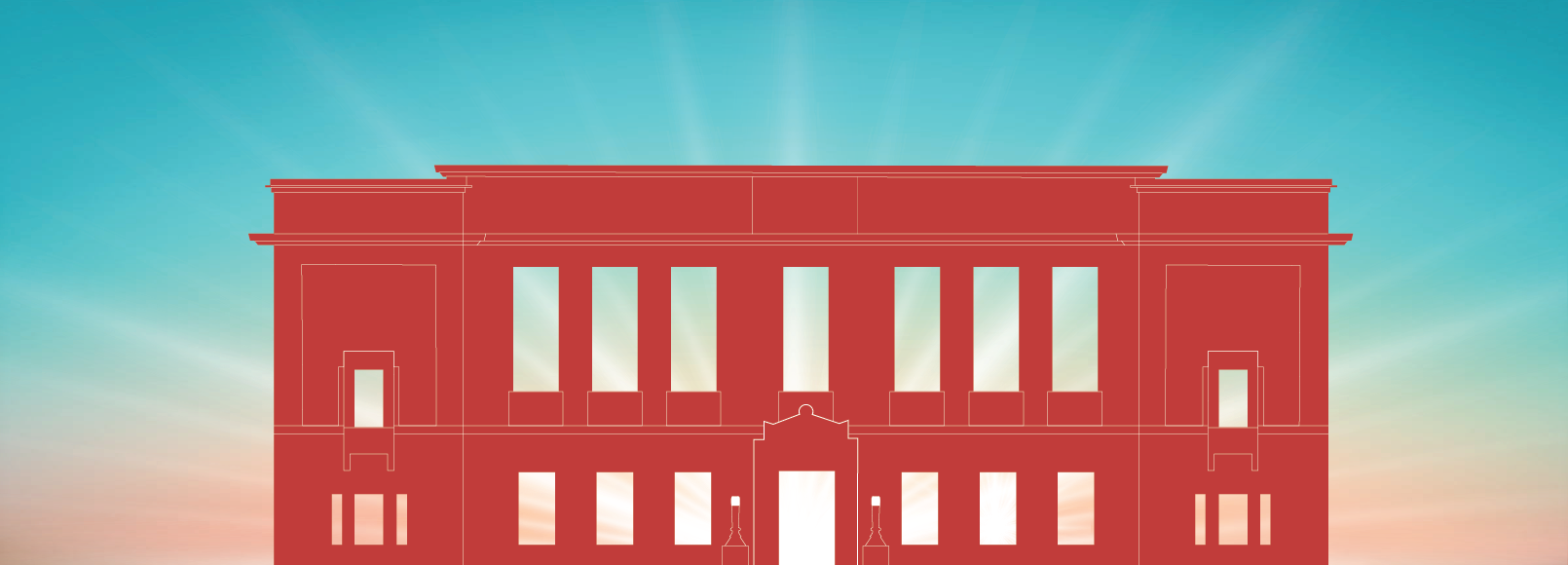 Drawing of the facade of the Blegen Library building in Cincinnati